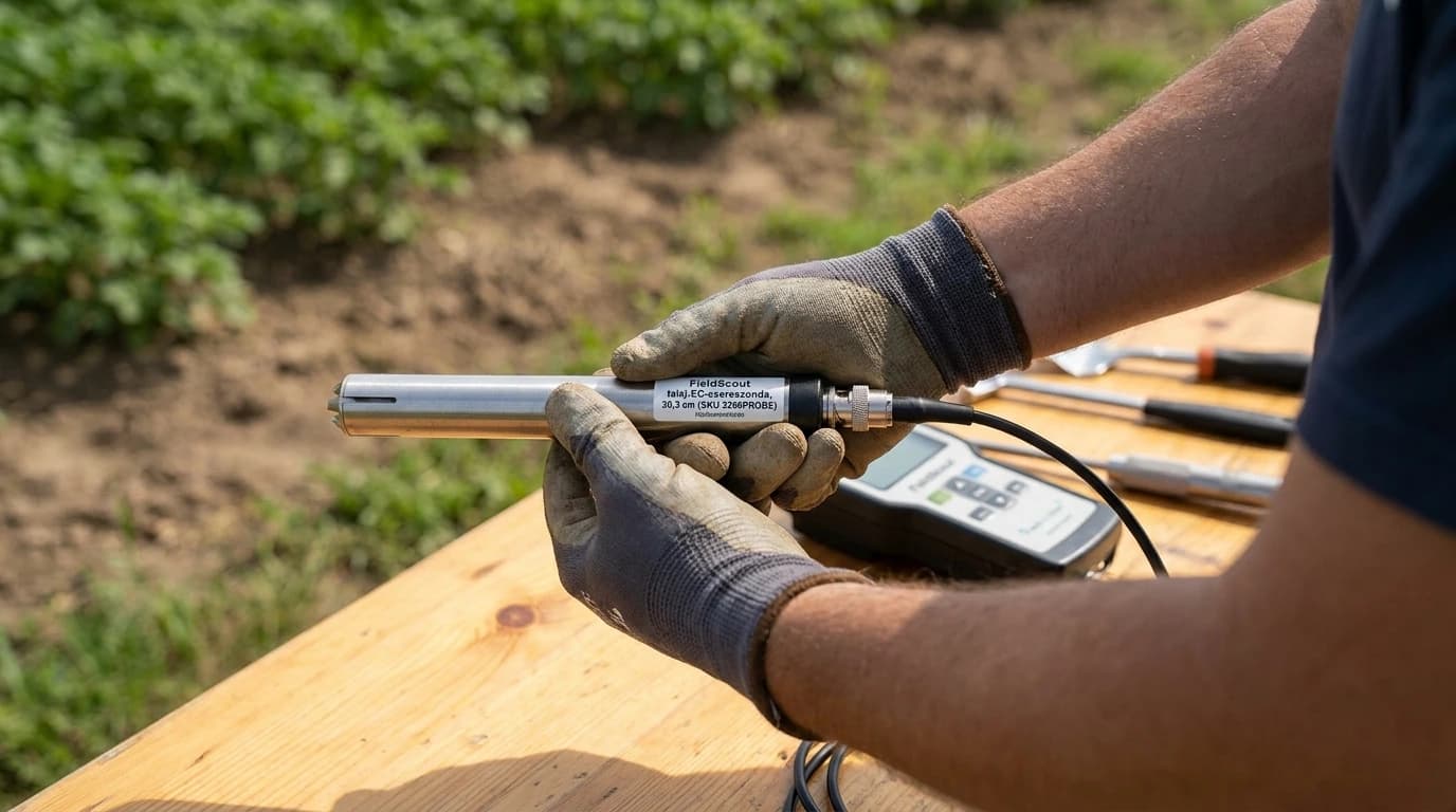 FieldScout talaj-EC-csereszonda, 20,3 cm – használat közben, AI-generált kép