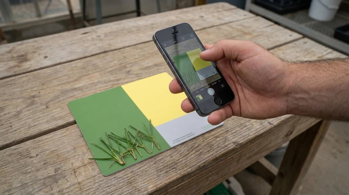 FieldScout GreenIndex+ referenciatábla gyepvizsgálathoz – használat közben, AI-generált kép