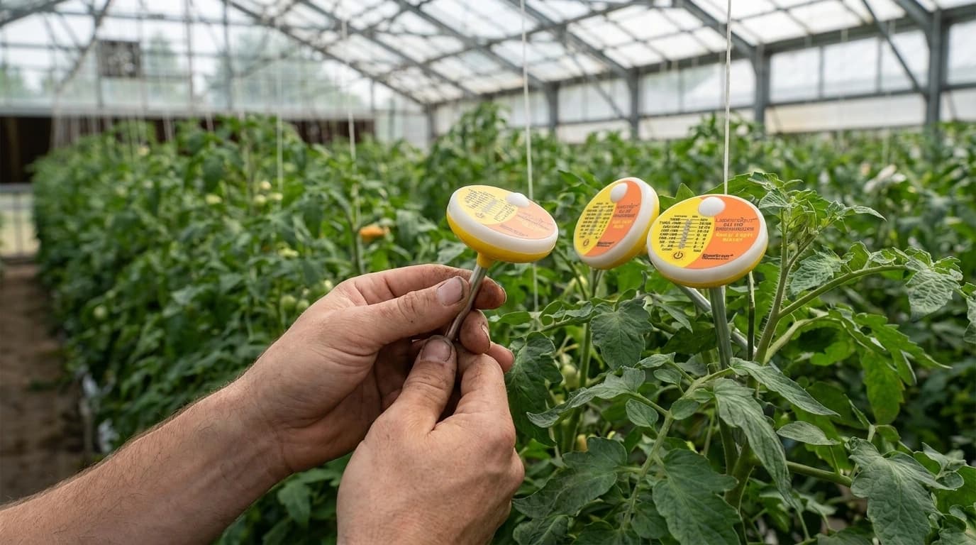 LightScout DLI100 napi fényösszegmérő üvegházba, 3 db – használat közben, AI-generált kép