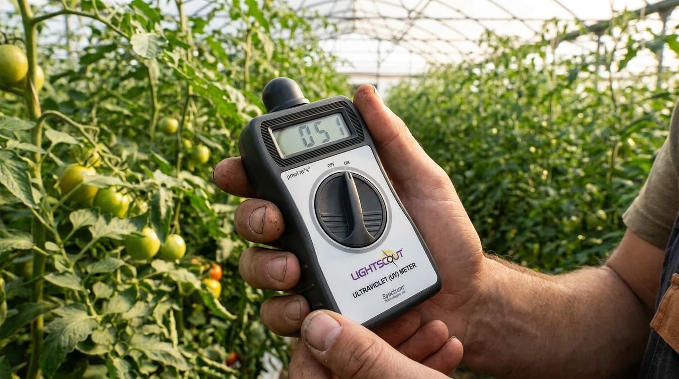 LightScout UV-sugárzásmérő, 250–400 nm – használat közben, AI-generált kép