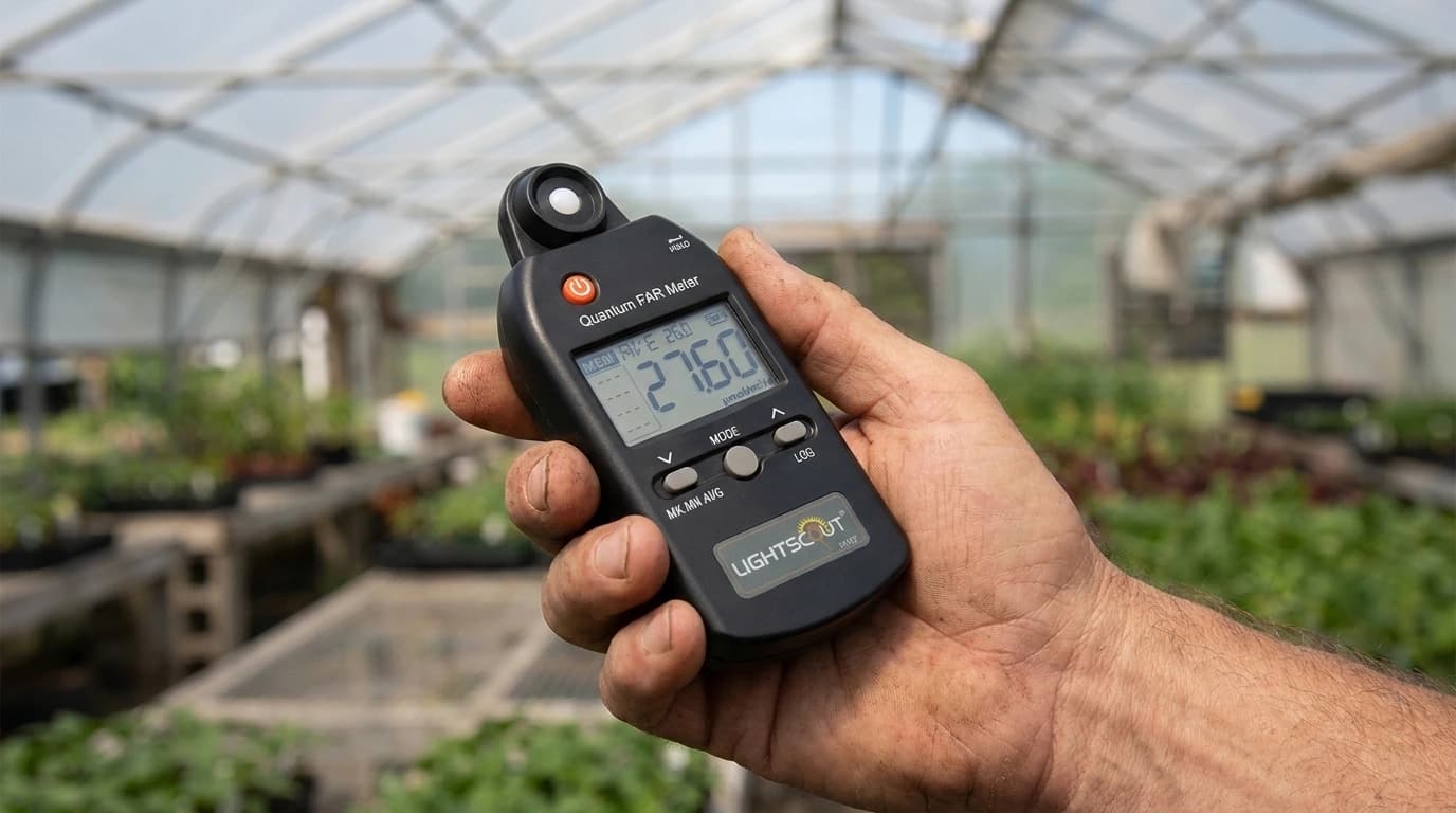 LightScout PAR-mérő beépített érzékelővel – használat közben, AI-generált kép