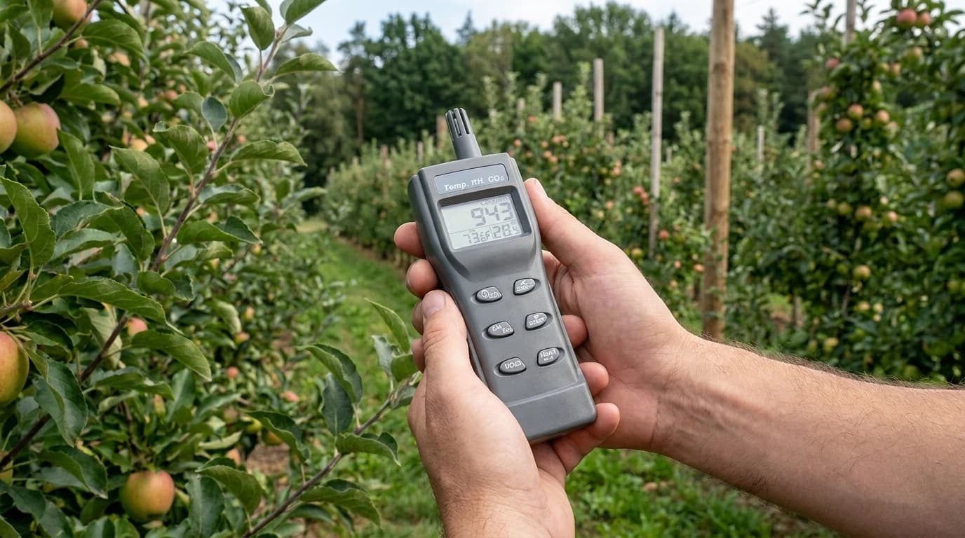 Kézi hőmérséklet-, páratartalom- és CO₂-mérő – használat közben, AI-generált kép