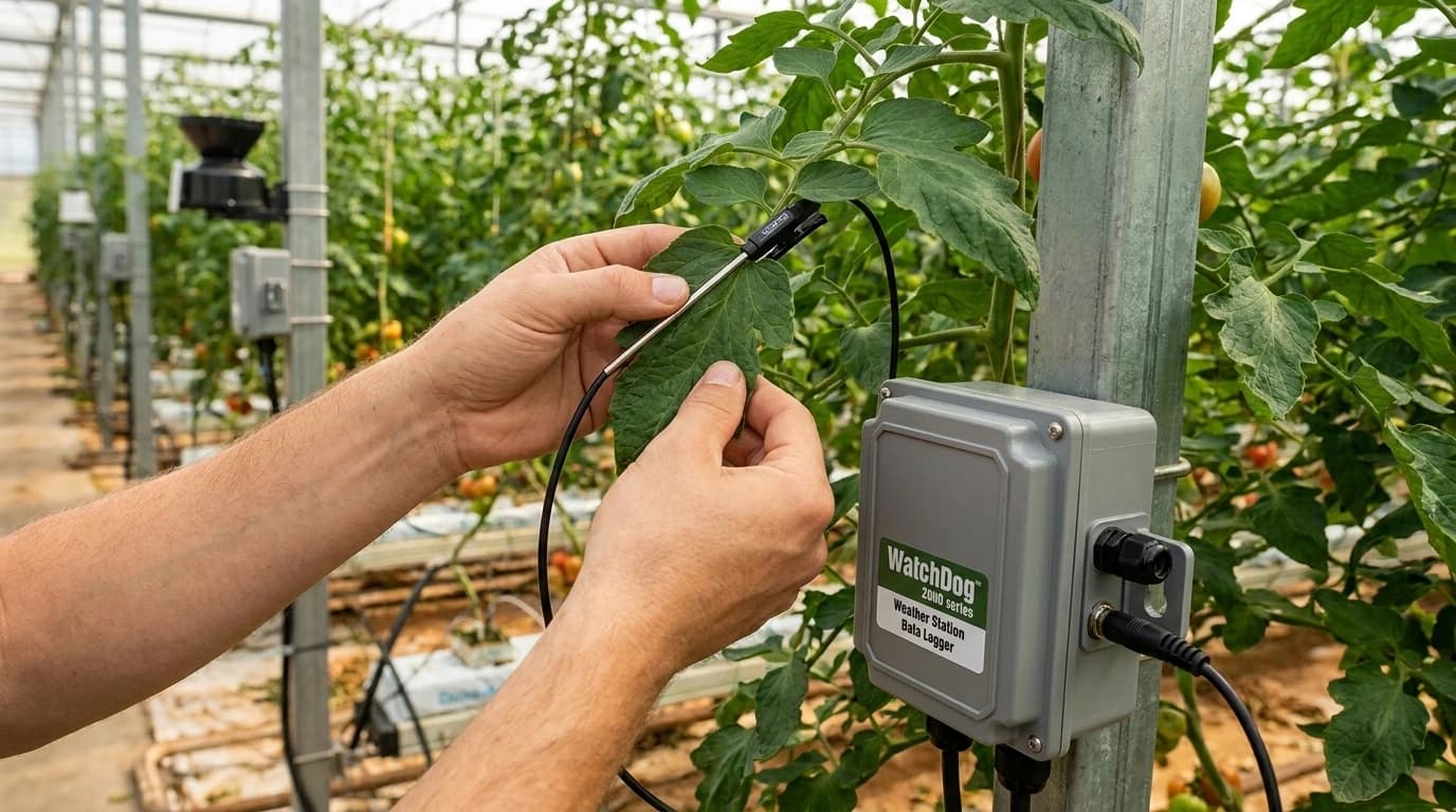 WatchDog mini hőmérséklet-szenzor – lombfelület és más felületek méréséhez – használat közben, AI-generált kép