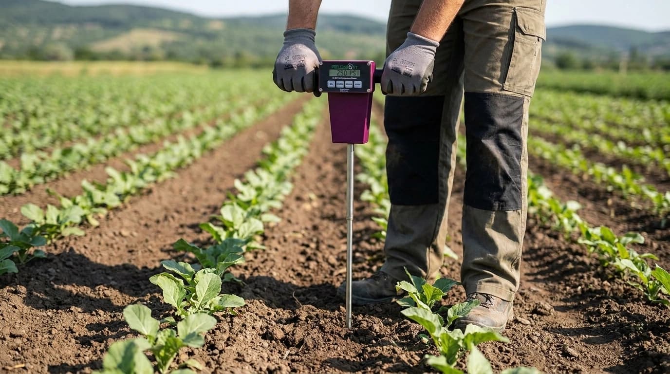 FieldScout SC 900 – Digitális talajtömörség-mérő GPS opcióval, precíziós mezőgazdasághoz – használat közben, AI-generált kép