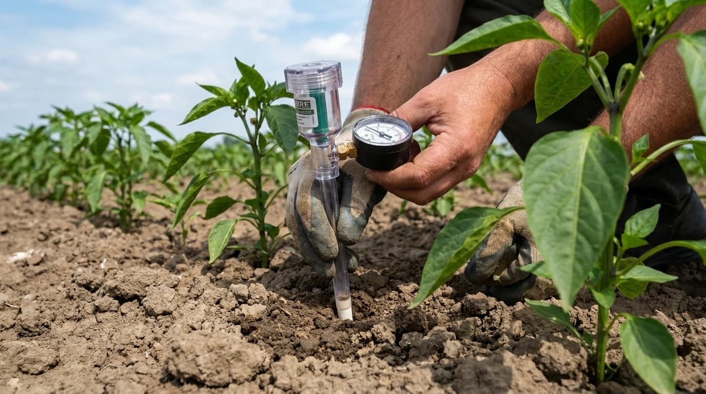 Irrometer tenziométer, 15,2 cm – használat közben, AI-generált kép