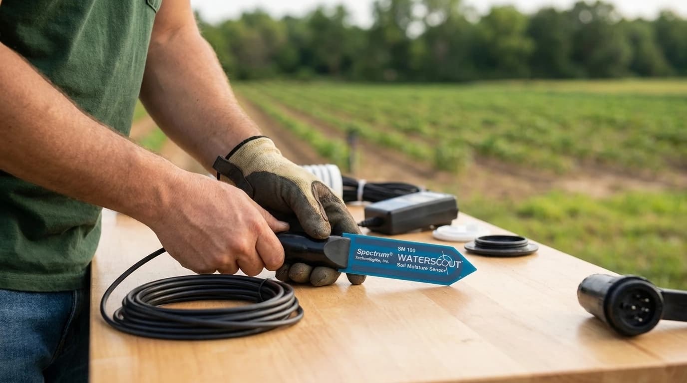 WaterScout SM100 talajnedvesség-szenzor – kapacitív érzékelő, 1,8 m (6 láb) kábellel – használat közben, AI-generált kép