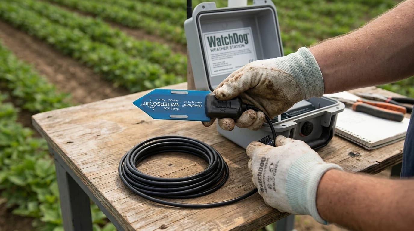 WaterScout SMEC300 talajnedvesség-, EC- és hőmérséklet-érzékelő – 6,1 m-es kábellel – használat közben, AI-generált kép