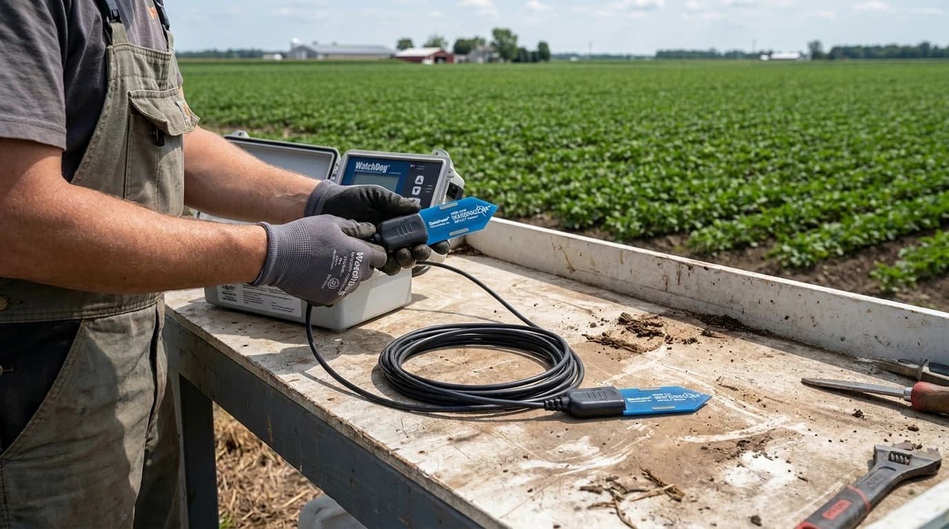 WaterScout SMEC300 talajnedvesség-, EC- és hőmérséklet-érzékelő – 1,8 m-es kábellel – használat közben, AI-generált kép