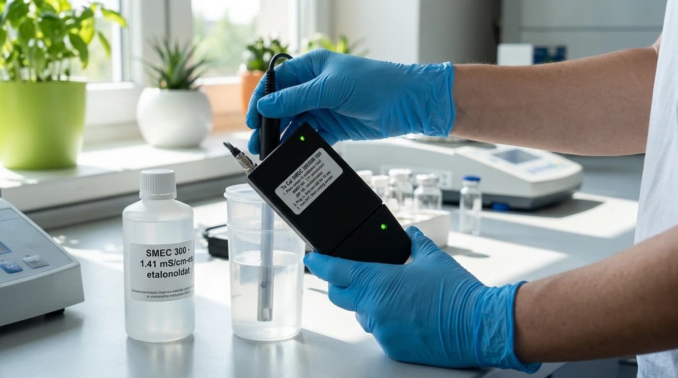 WaterScout kalibrálóeszköz SMEC300 és SM100 érzékelőkhöz – használat közben, AI-generált kép