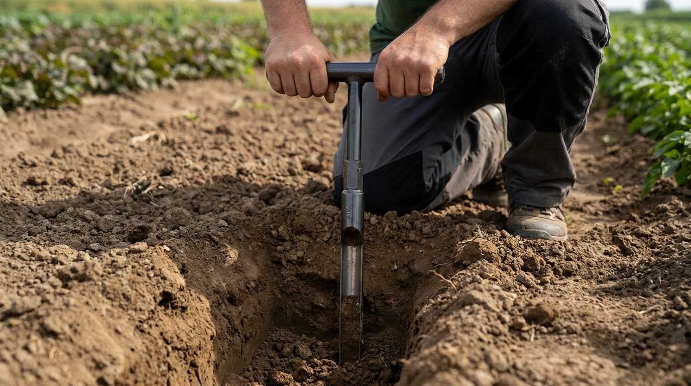 Talajmintavevő szonda, 61 cm – használat közben, AI-generált kép