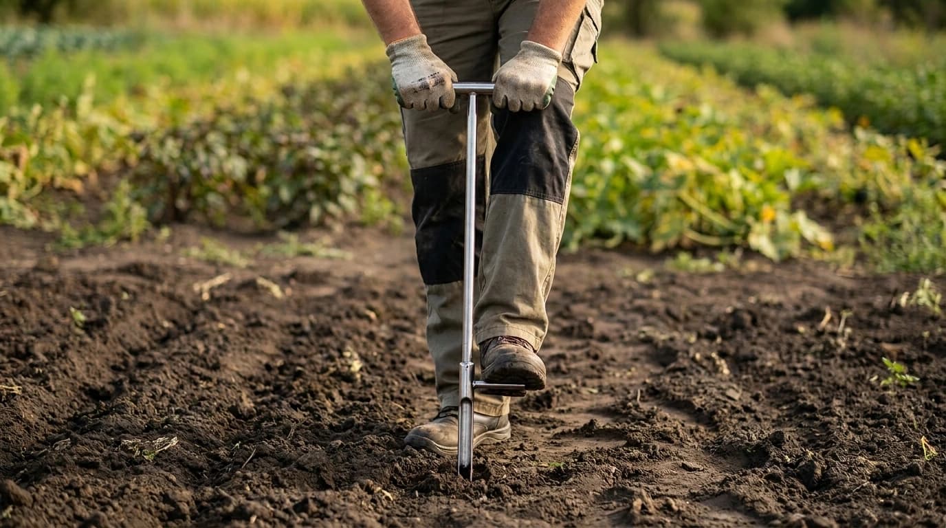 Erősített talajmintavevő szonda taposóval, 0,9 m – használat közben, AI-generált kép