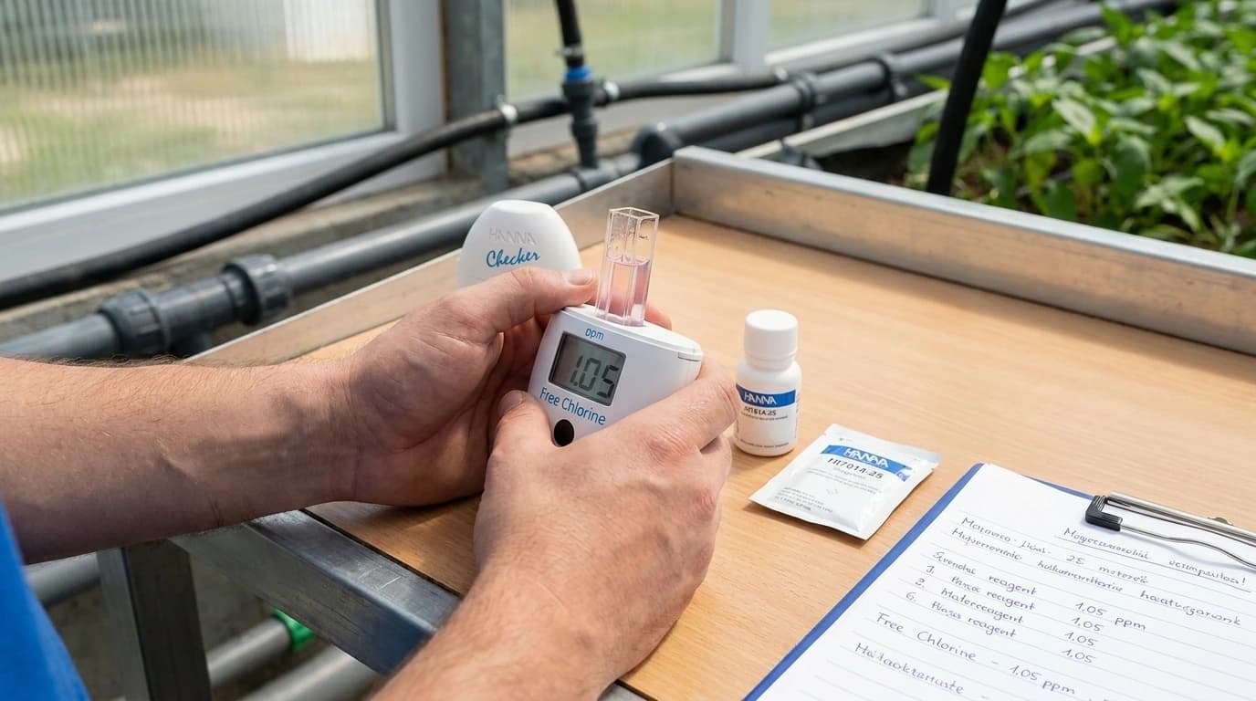 HI7014 Checker HC kolorimeter – szabad klór mérése – használat közben, AI-generált kép