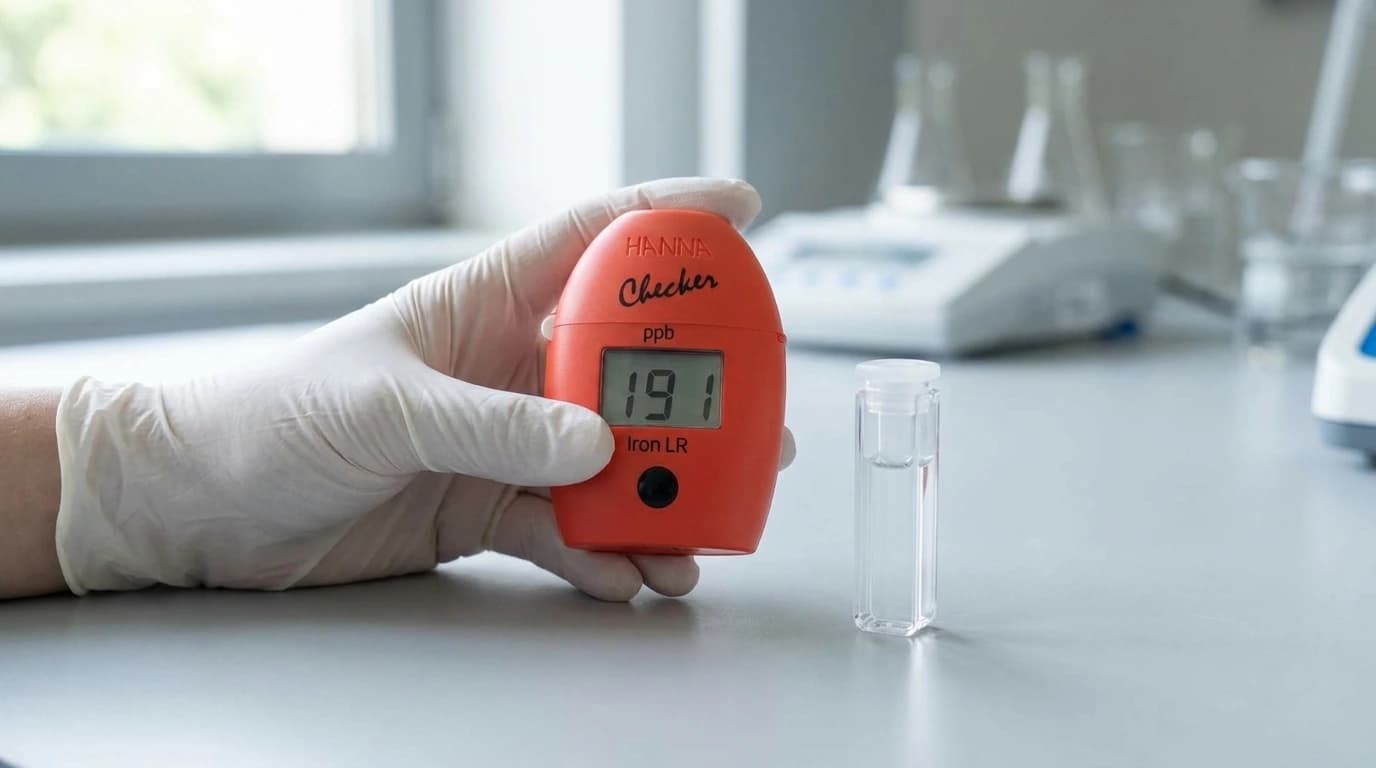 HI746 Checker HC kolorimeter – vas alacsony mérése – használat közben, AI-generált kép
