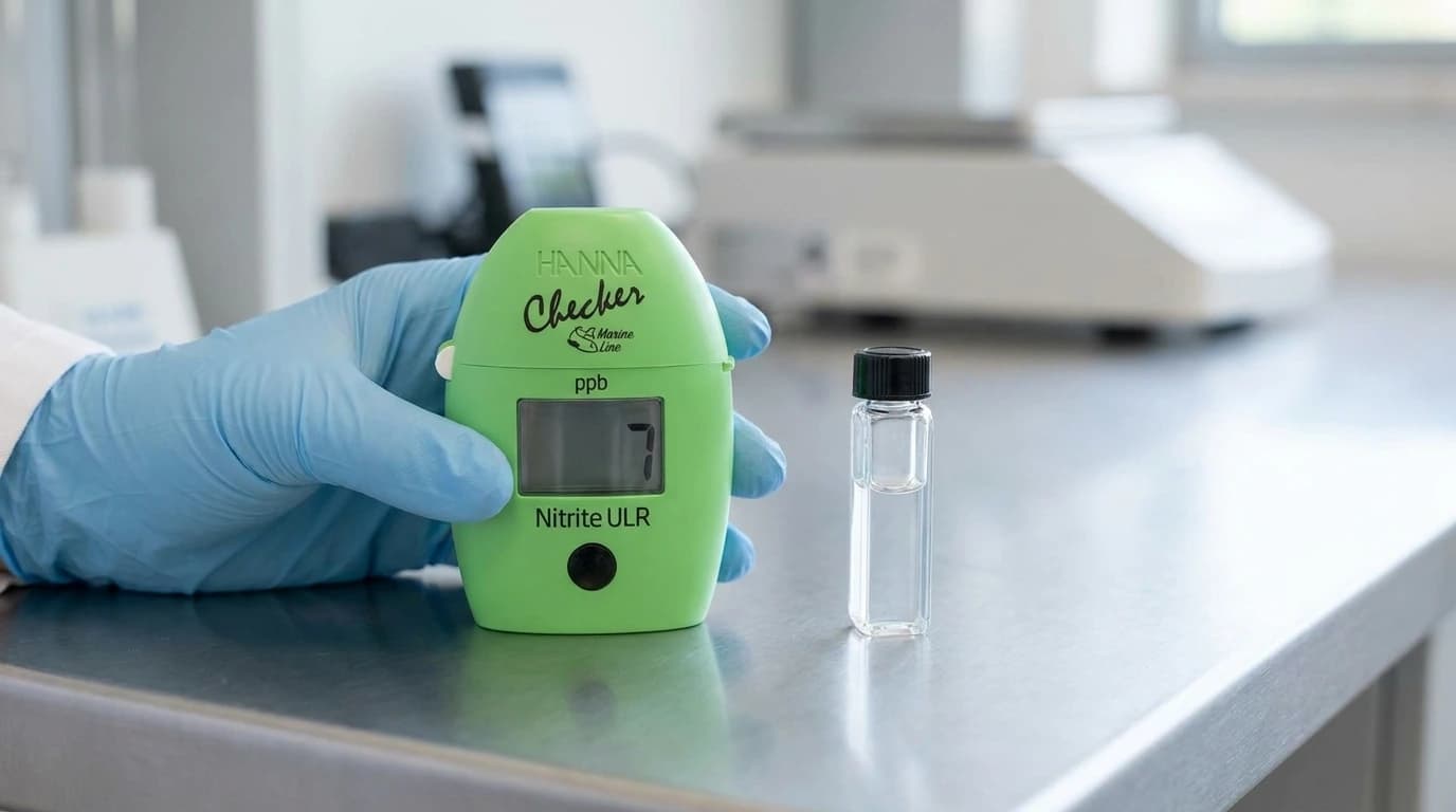 HI764 Checker HC kolorimeter – nitrit ultra alacsony mérése – használat közben, AI-generált kép