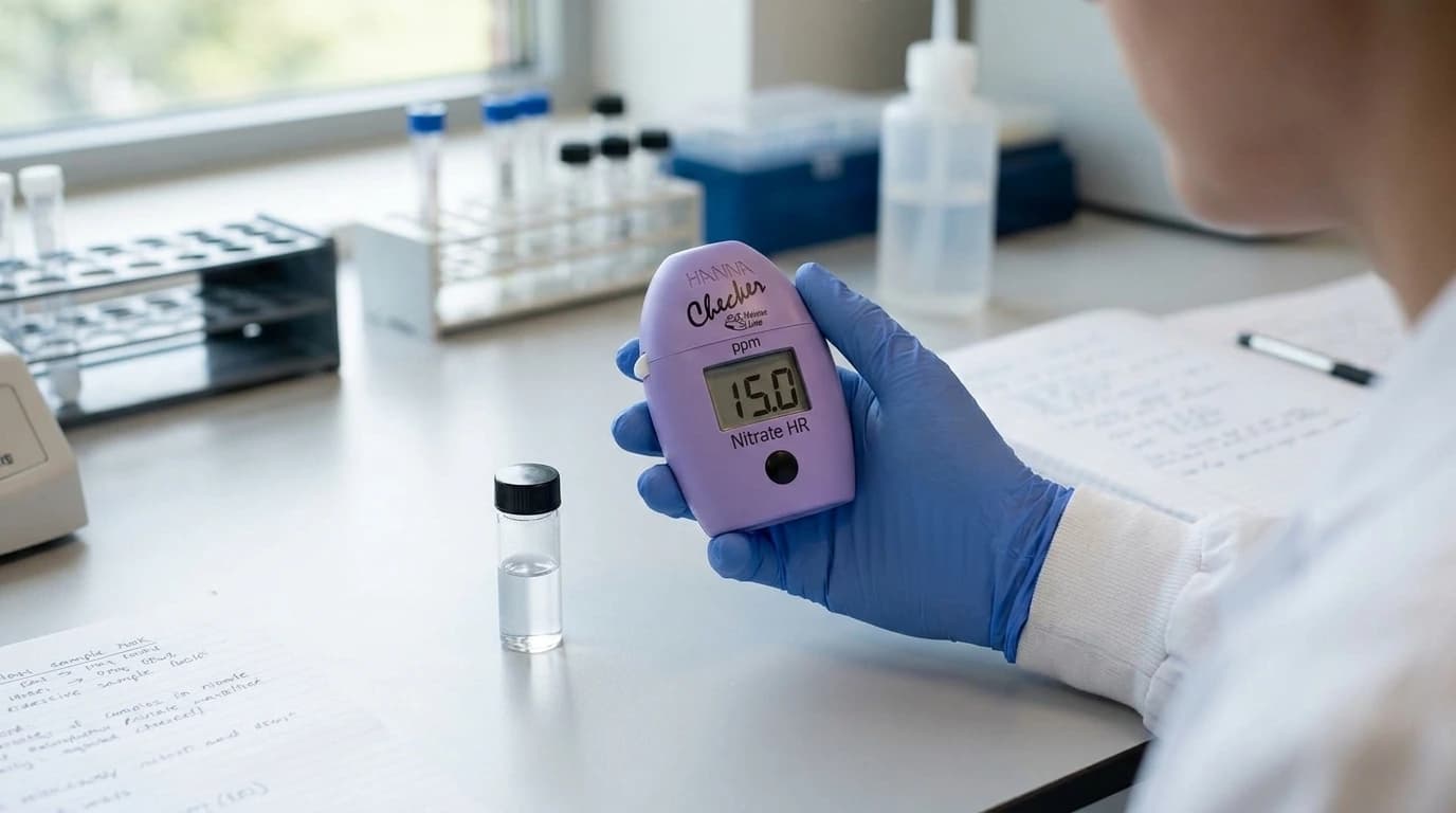HI782 Checker HC kolorimeter – nitrát magas mérése – használat közben, AI-generált kép