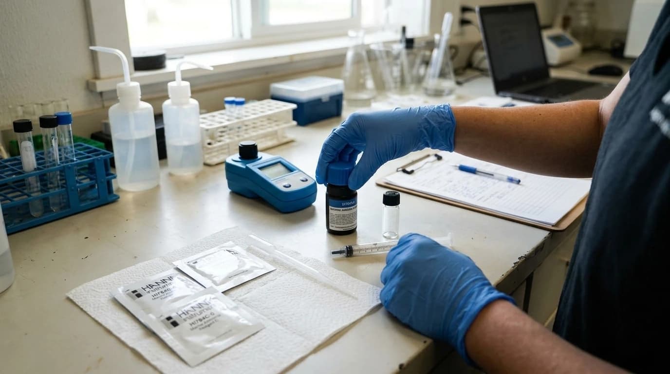 HI784-25 tengeri ammónia reagens – HI784 műszerhez – használat közben, AI-generált kép