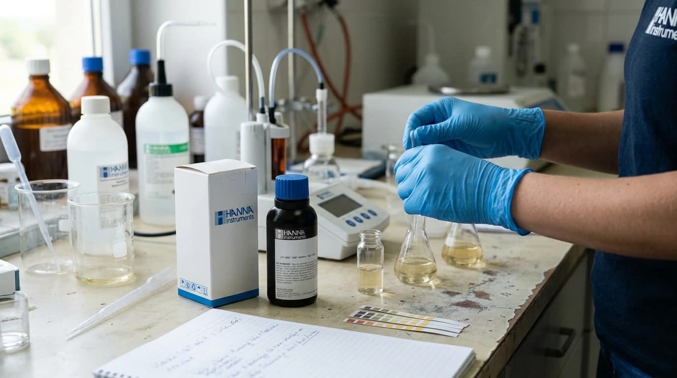 HI84500-61 kén-dioxid reagens – HI84500 műszerhez – használat közben, AI-generált kép