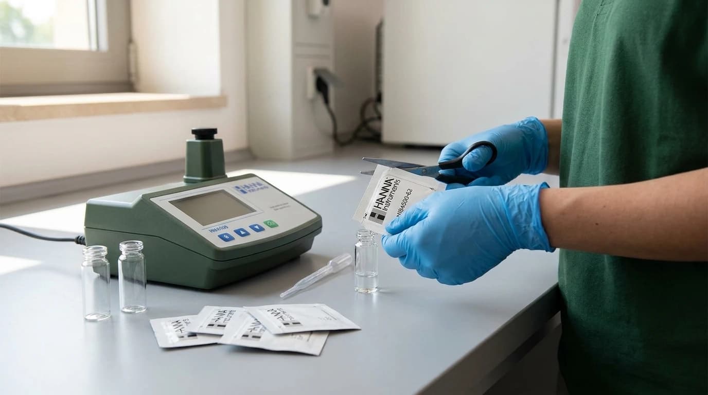 HI84500-62 kén-dioxid reagens – HI84500 műszerhez – használat közben, AI-generált kép