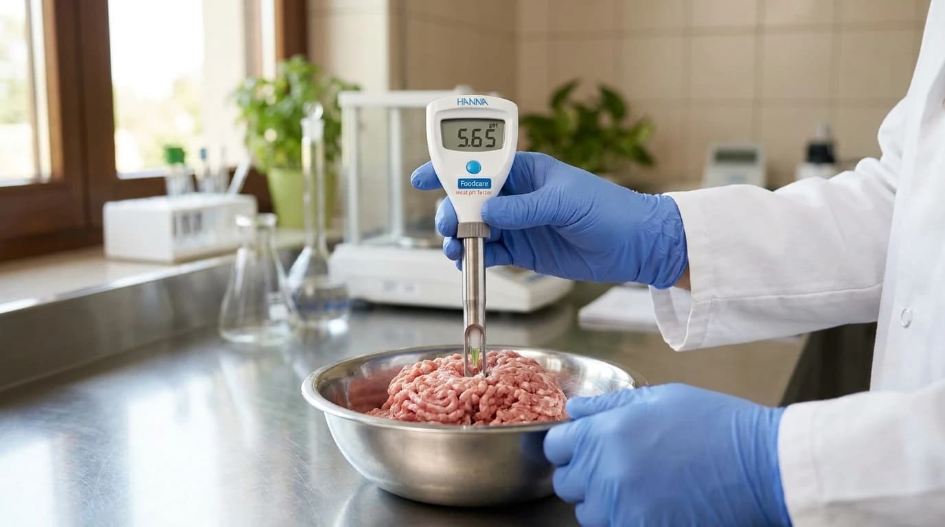 HANNA HI981045 hús pH-teszter rozsdamentes beszúró pengével – használat közben, AI-generált kép