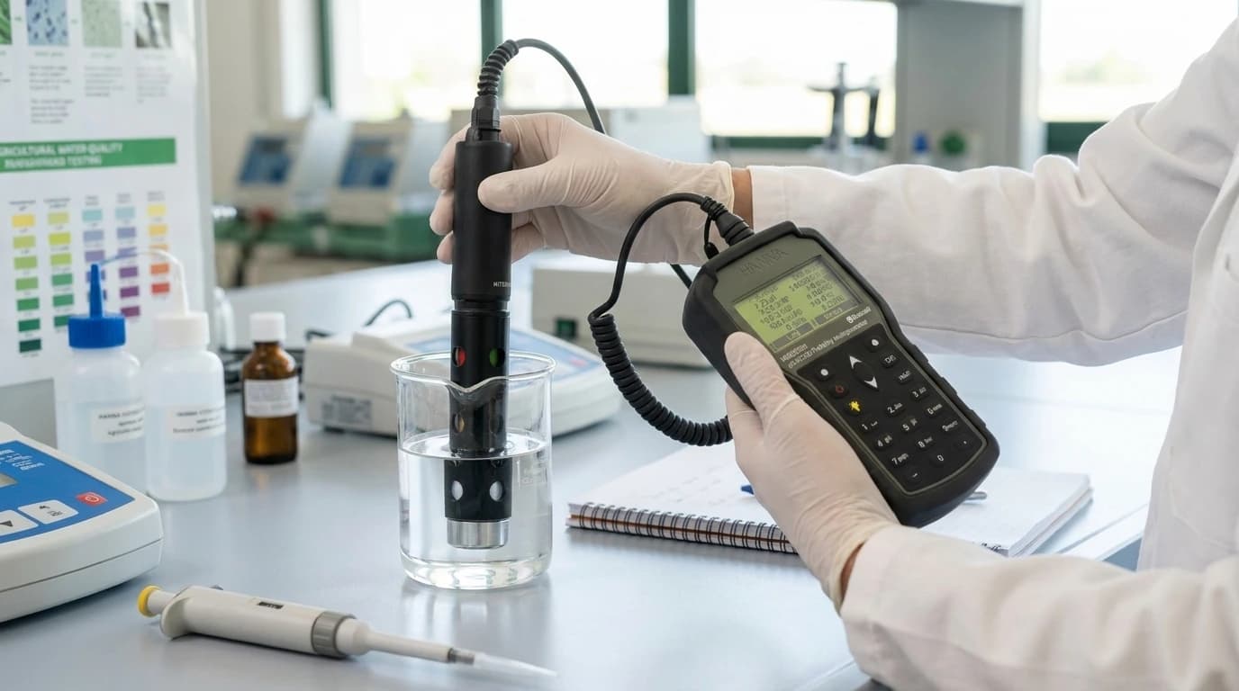 HANNA HI98594 többparaméteres pH/EC/zavarosság/OPDO mérőműszer Bluetooth funkcióval – használat közben, AI-generált kép