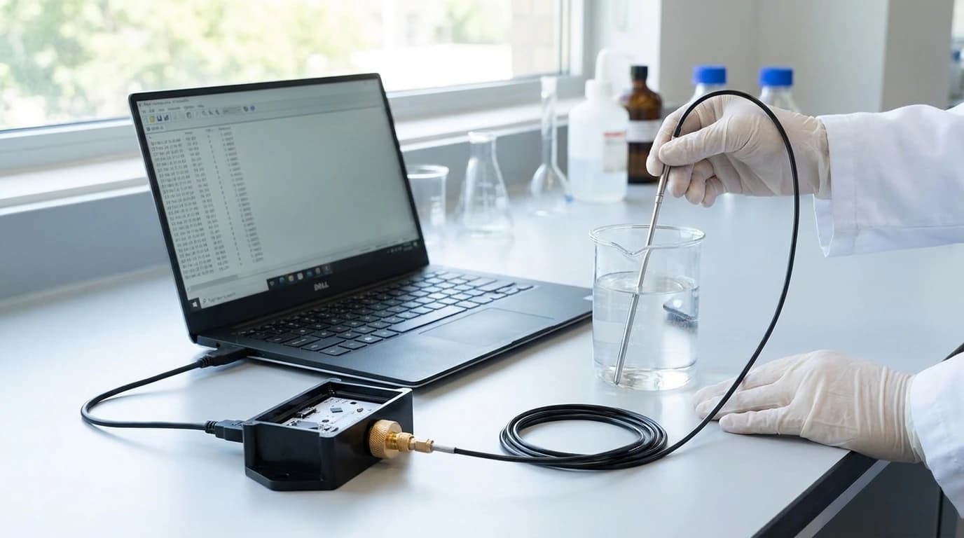 Laboratóriumi hőmérő (PT-1000) – USB, PC szoftverrel – használat közben, AI-generált kép