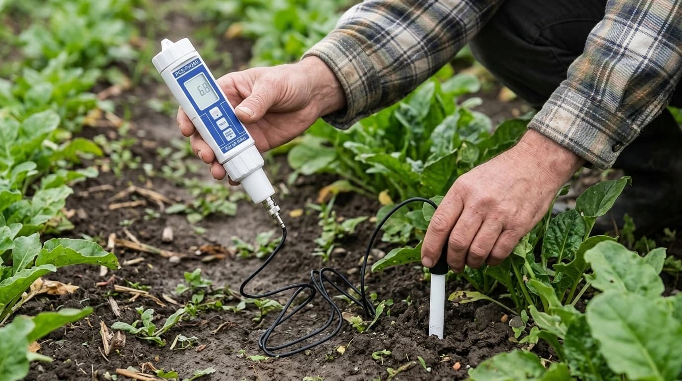 PCE-PH20S szúró elektródás pH mérő közvetlen talajvizsgálathoz – használat közben, AI-generált kép