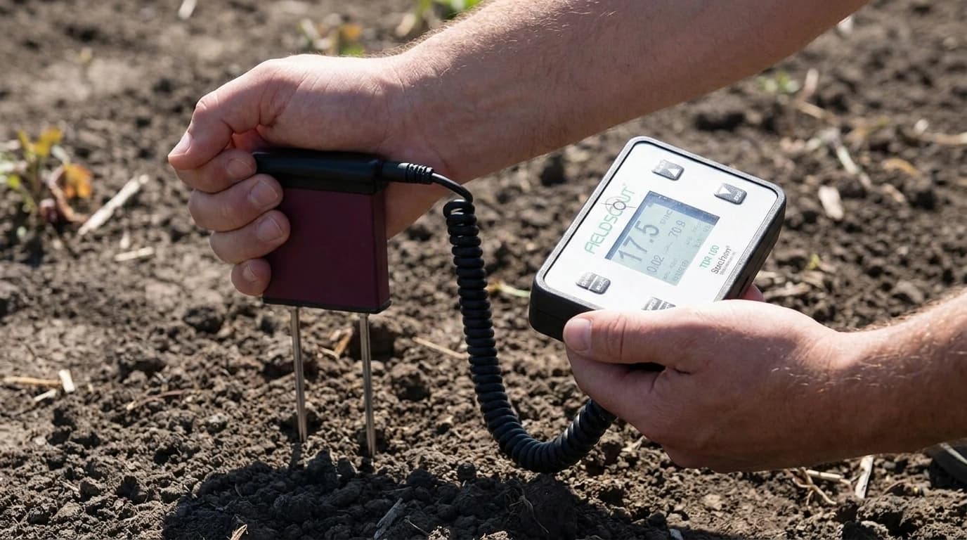 FieldScout TDR 150 – Professzionális talajnedvesség és EC mérő agrárszakembereknek – használat közben, AI-generált kép