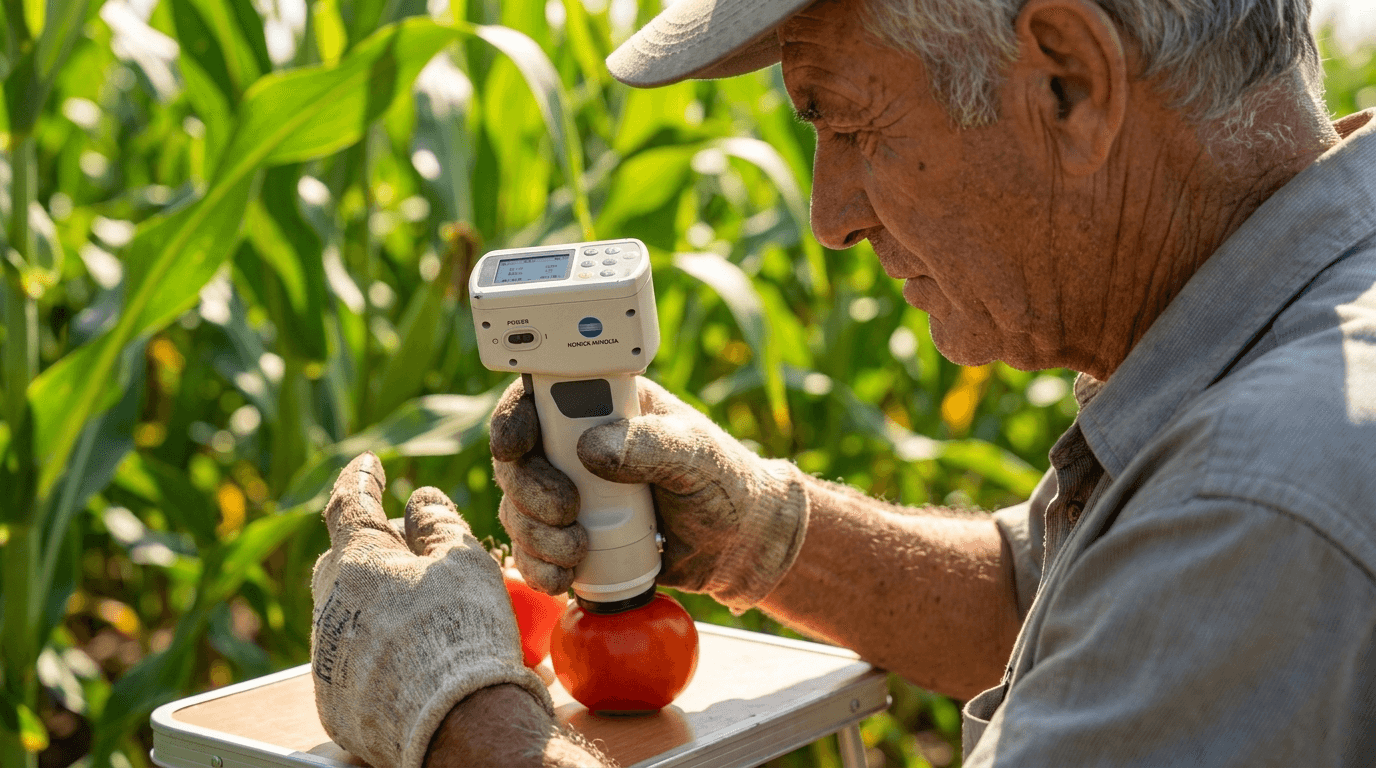 CR‑410 tristimulusos színmérő – precíz, stabil színellenőrzés referencia alapján – használatban (1)