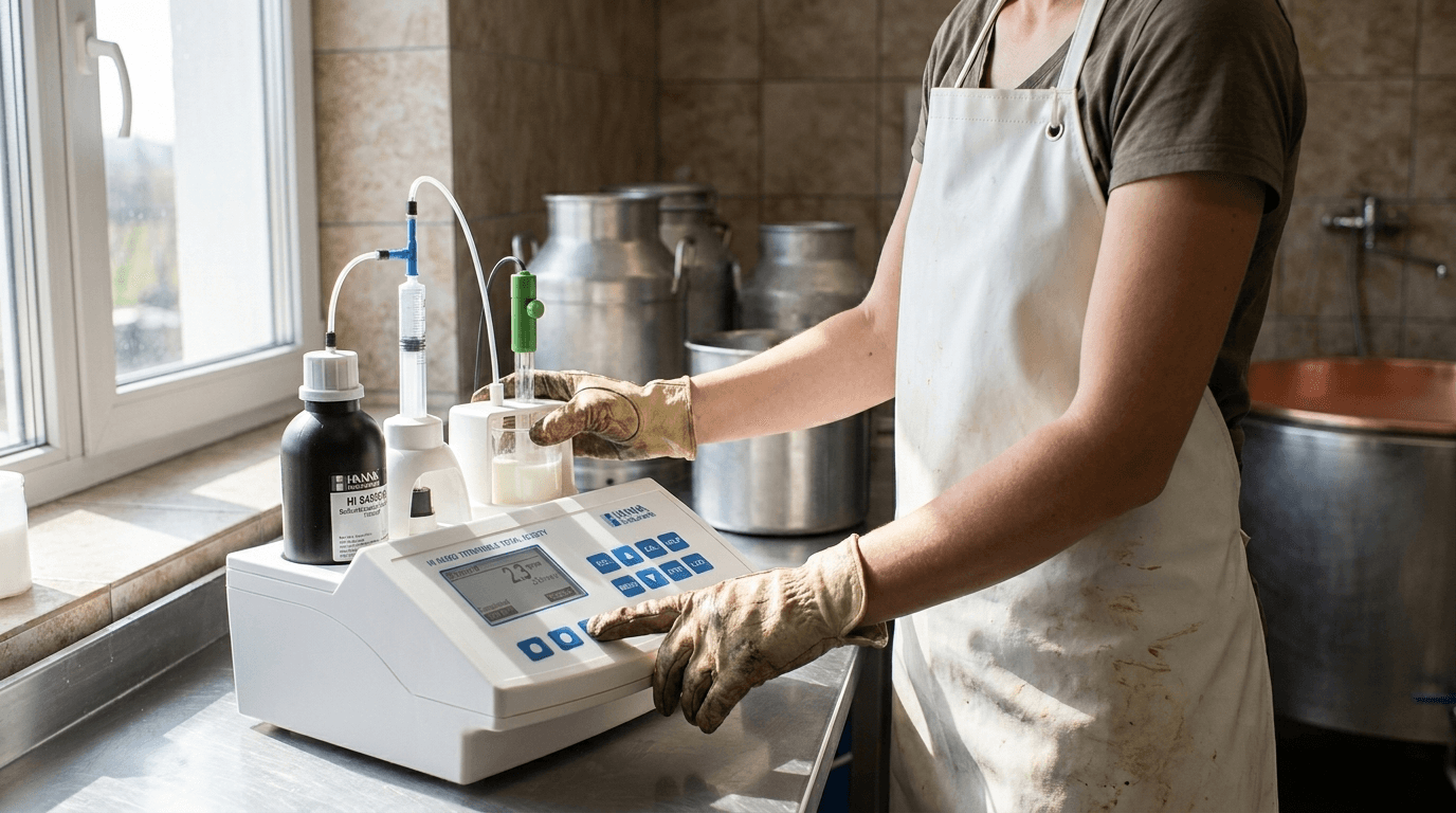 HI 84529 Minititrátor – profi savtartalom-mérés tejtermékekhez laborpontossággal – használatban (1)