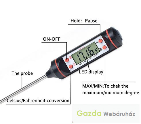 Digitális szúró hőmérő – élelmiszerhez, talajhoz, tápoldathoz, ipari használatra